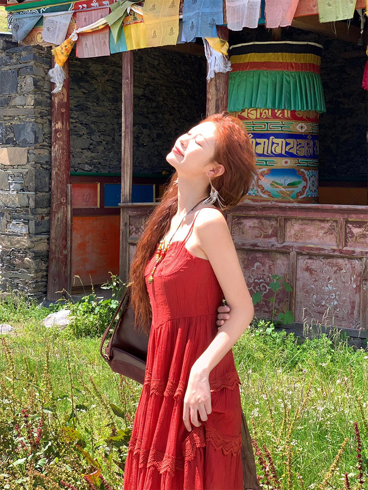 Boho Ethnic-Style Red Dress Unique Holiday Midi Sundress