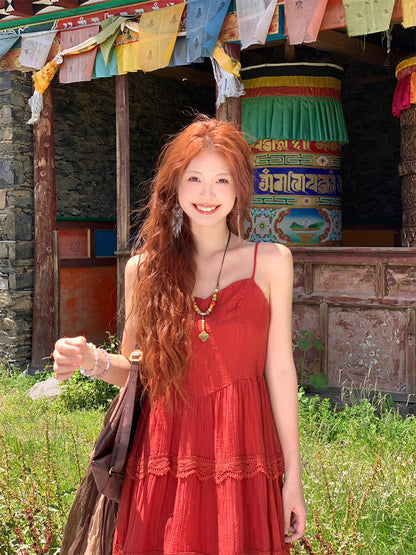 Boho Ethnic-Style Red Dress Unique Holiday Midi Sundress