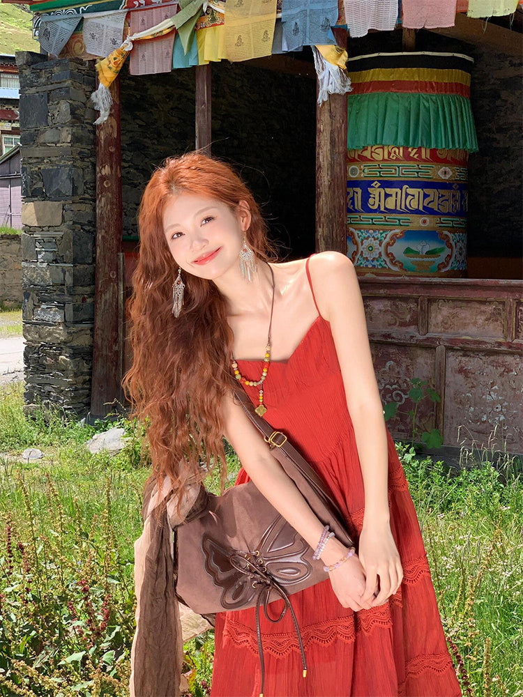 Boho Ethnic-Style Red Dress Unique Holiday Midi Sundress