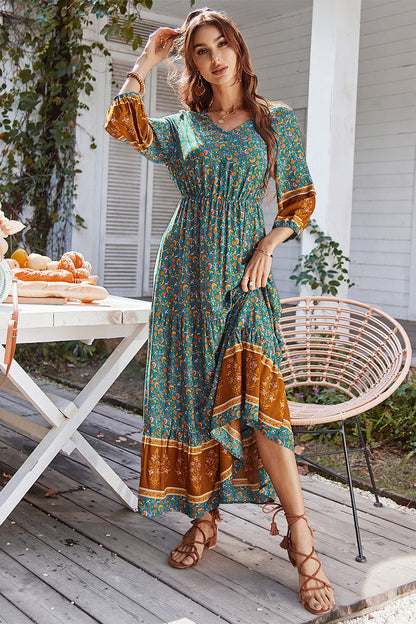 Boho Print Puff Sleeve Loose Maxi Dress