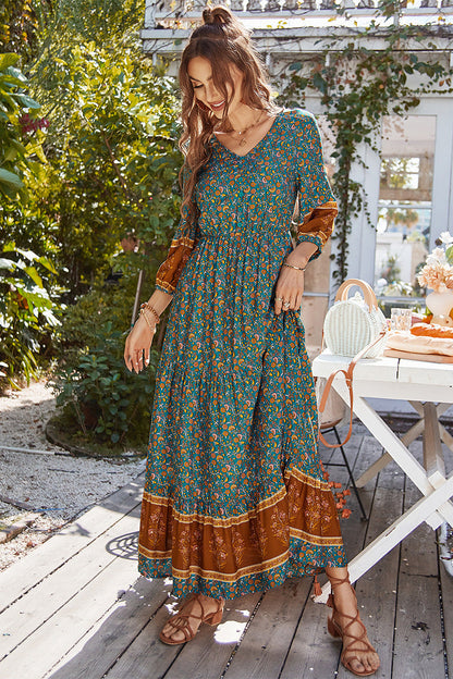 Boho Print Puff Sleeve Loose Maxi Dress