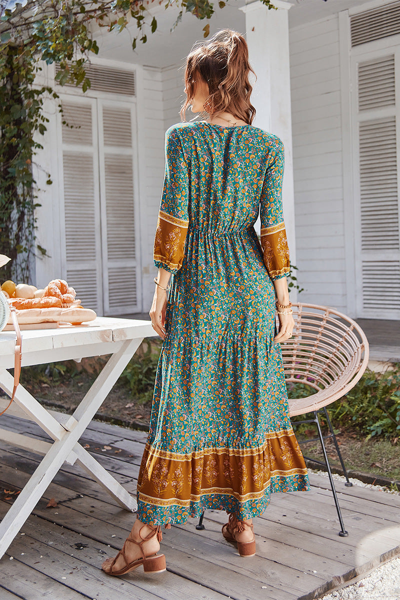 Boho Print Puff Sleeve Loose Maxi Dress