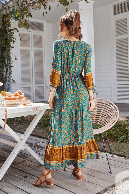 Boho Print Puff Sleeve Loose Maxi Dress