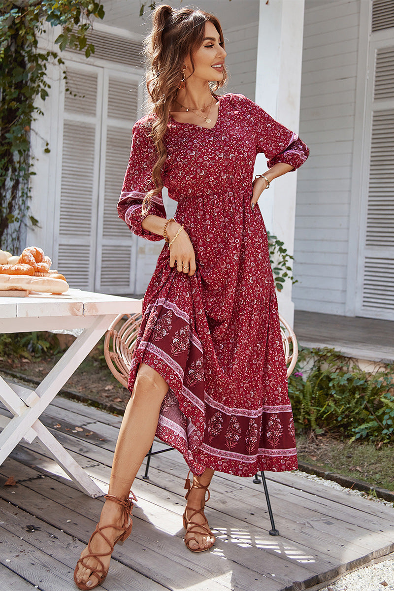 Boho Print Puff Sleeve Loose Maxi Dress