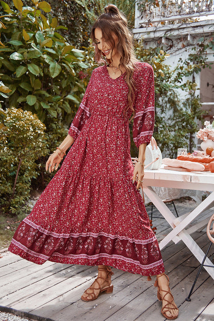 Boho Print Puff Sleeve Loose Maxi Dress