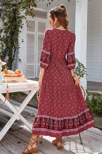 Boho Print Puff Sleeve Loose Maxi Dress