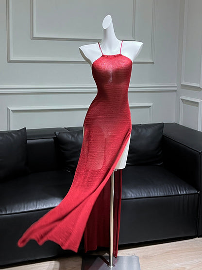 Bold Red Halter Tie-Back Knit Dress