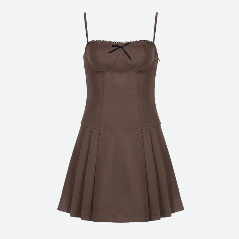 Lace Trim Bow Spaghetti Strap Structured Bodice A-Line Cami Mini Dress