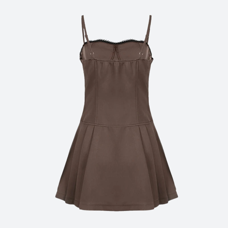 Lace Trim Bow Spaghetti Strap Structured Bodice A-Line Cami Mini Dress