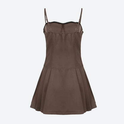 Lace Trim Bow Spaghetti Strap Structured Bodice A-Line Cami Mini Dress