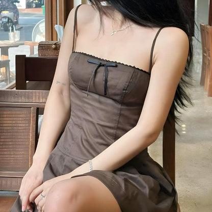 Lace Trim Bow Spaghetti Strap Structured Bodice A-Line Cami Mini Dress