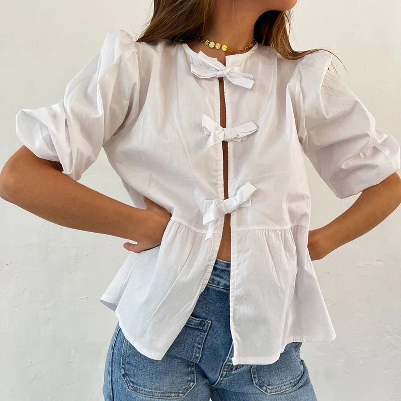 Bowknot Front Hollow Out Vintage Ruffles Puff Sleeve Elegant Sweet Y2K Crop Top