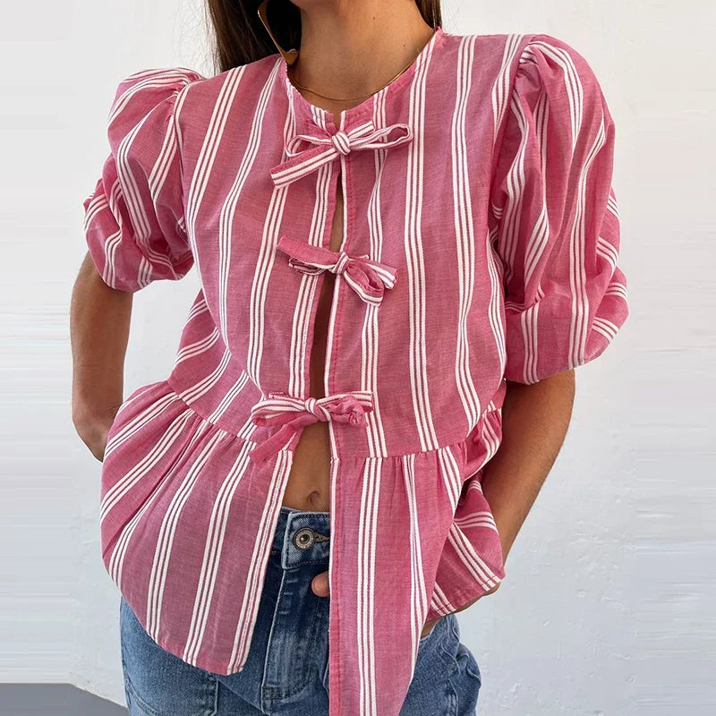 Bowknot Front Hollow Out Vintage Ruffles Puff Sleeve Elegant Sweet Y2K Crop Top