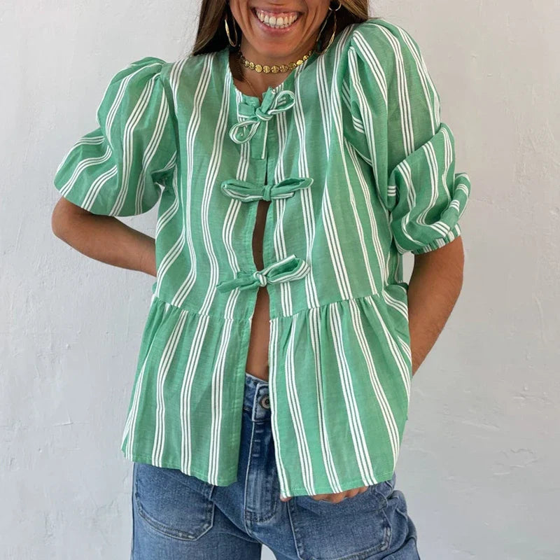 Bowknot Front Hollow Out Vintage Ruffles Puff Sleeve Elegant Sweet Y2K Crop Top