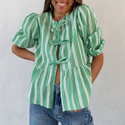 Bowknot Front Hollow Out Vintage Ruffles Puff Sleeve Elegant Sweet Y2K Crop Top