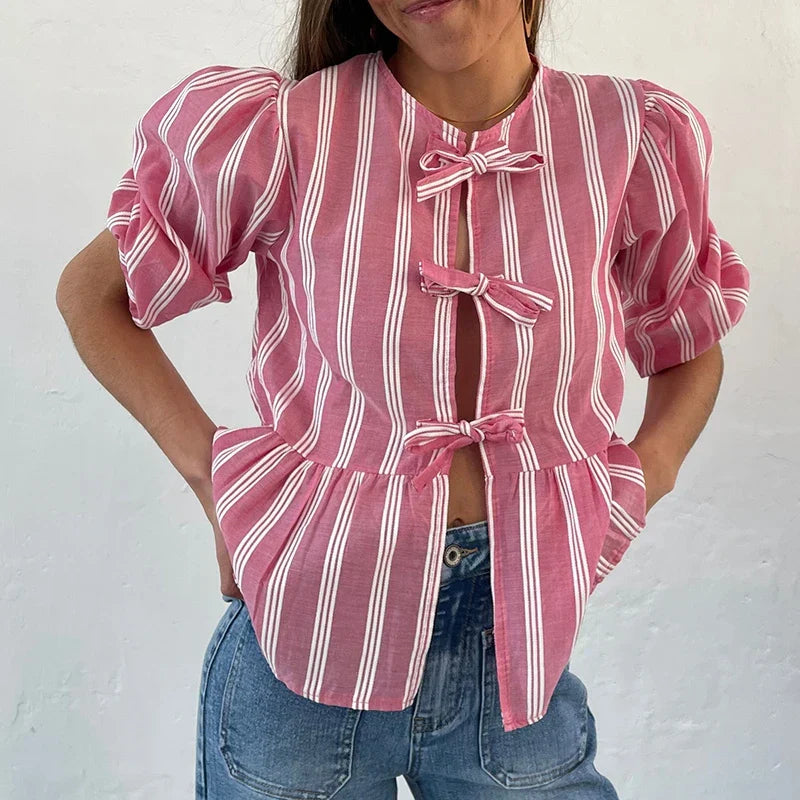 Bowknot Front Hollow Out Vintage Ruffles Puff Sleeve Elegant Sweet Y2K Crop Top