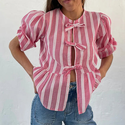 Bowknot Front Hollow Out Vintage Ruffles Puff Sleeve Elegant Sweet Y2K Crop Top