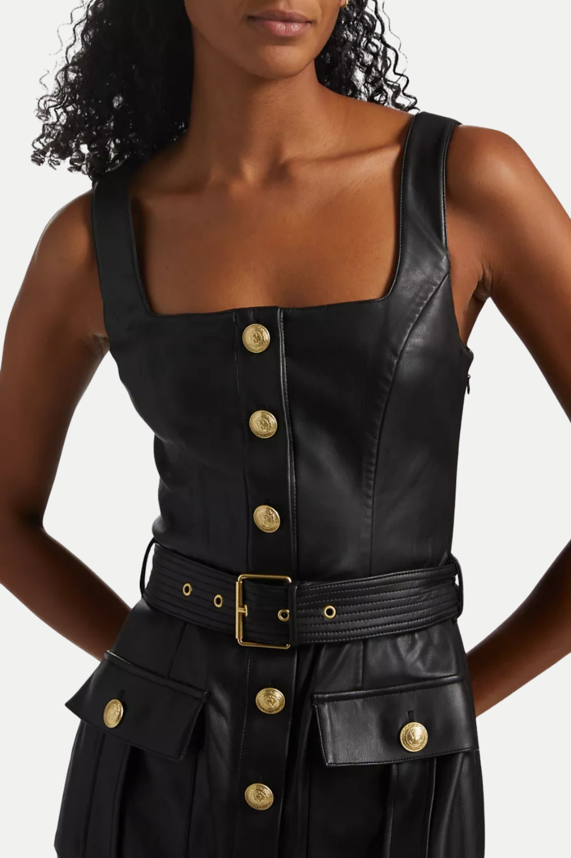 Braxas Buttoned Leather Tank Mini Dress