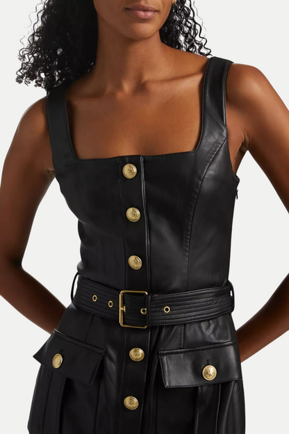 Braxas Buttoned Leather Tank Mini Dress
