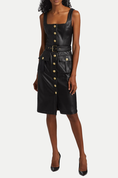 Braxas Buttoned Leather Tank Mini Dress
