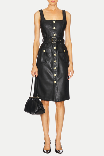 Braxas Buttoned Leather Tank Mini Dress