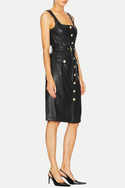 Braxas Buttoned Leather Tank Mini Dress
