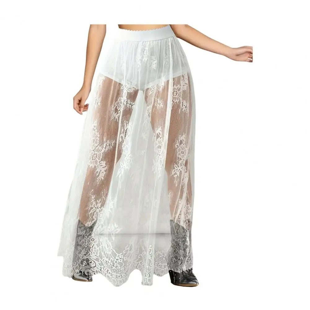 Breathable Plaid Mesh Maxi Skirt Dark Style Embroidery