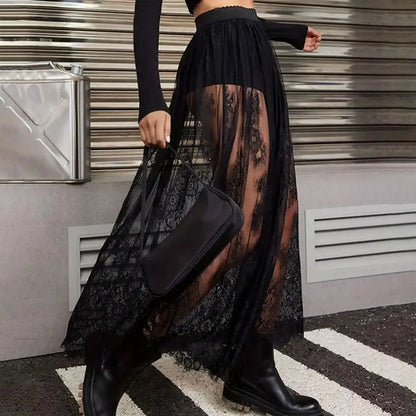 Breathable Plaid Mesh Maxi Skirt Dark Style Embroidery