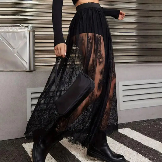 Breathable Plaid Mesh Maxi Skirt Dark Style Embroidery