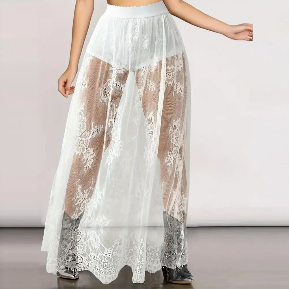 Breathable Plaid Mesh Maxi Skirt Dark Style Embroidery