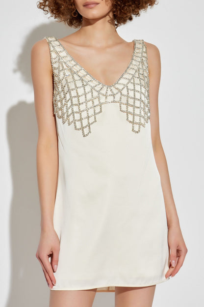 Briony Crystal Embellished Satin Mini Dress - White
