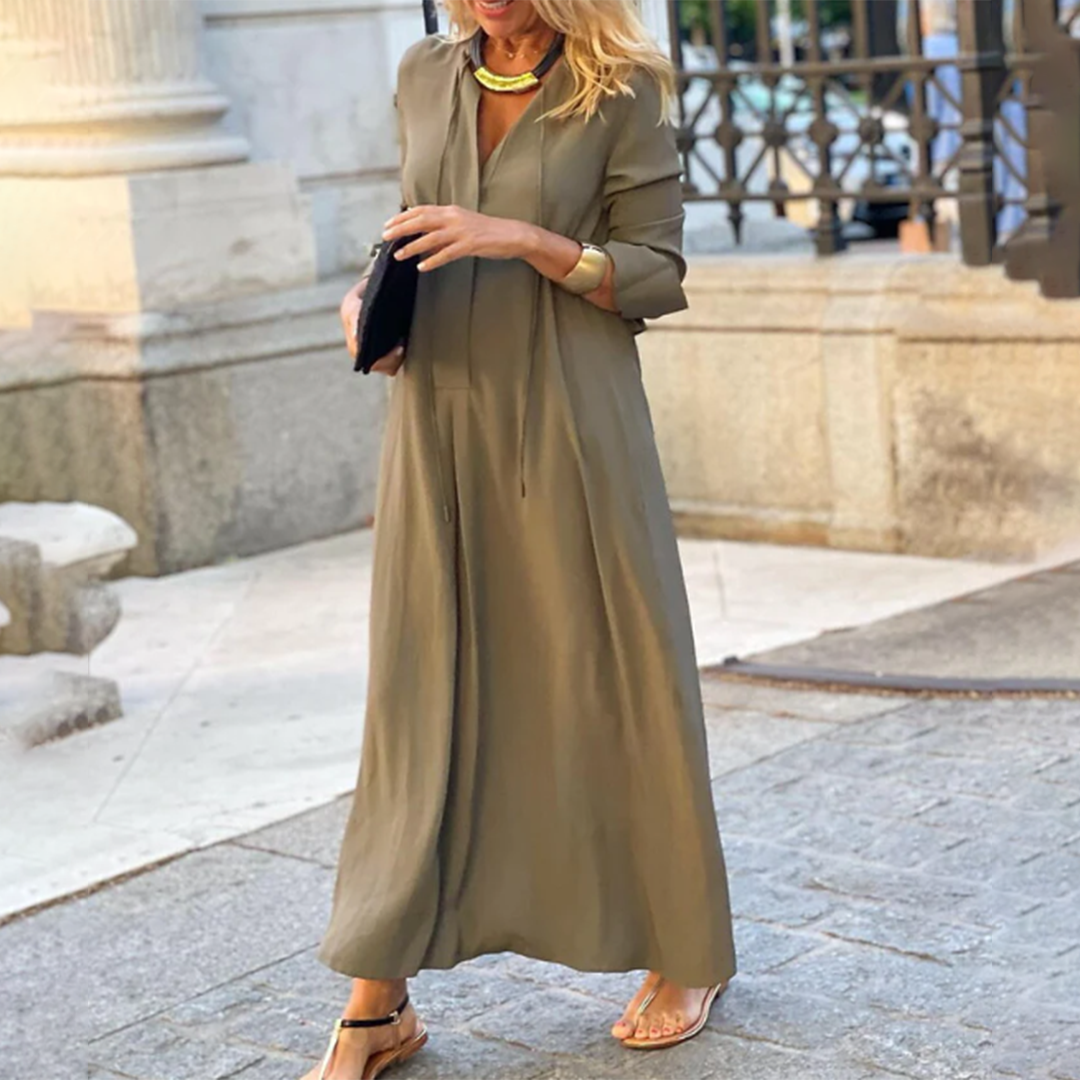 V-Neck Collar Drawstring Tie Long Sleeve Relaxed Maxi Dress
