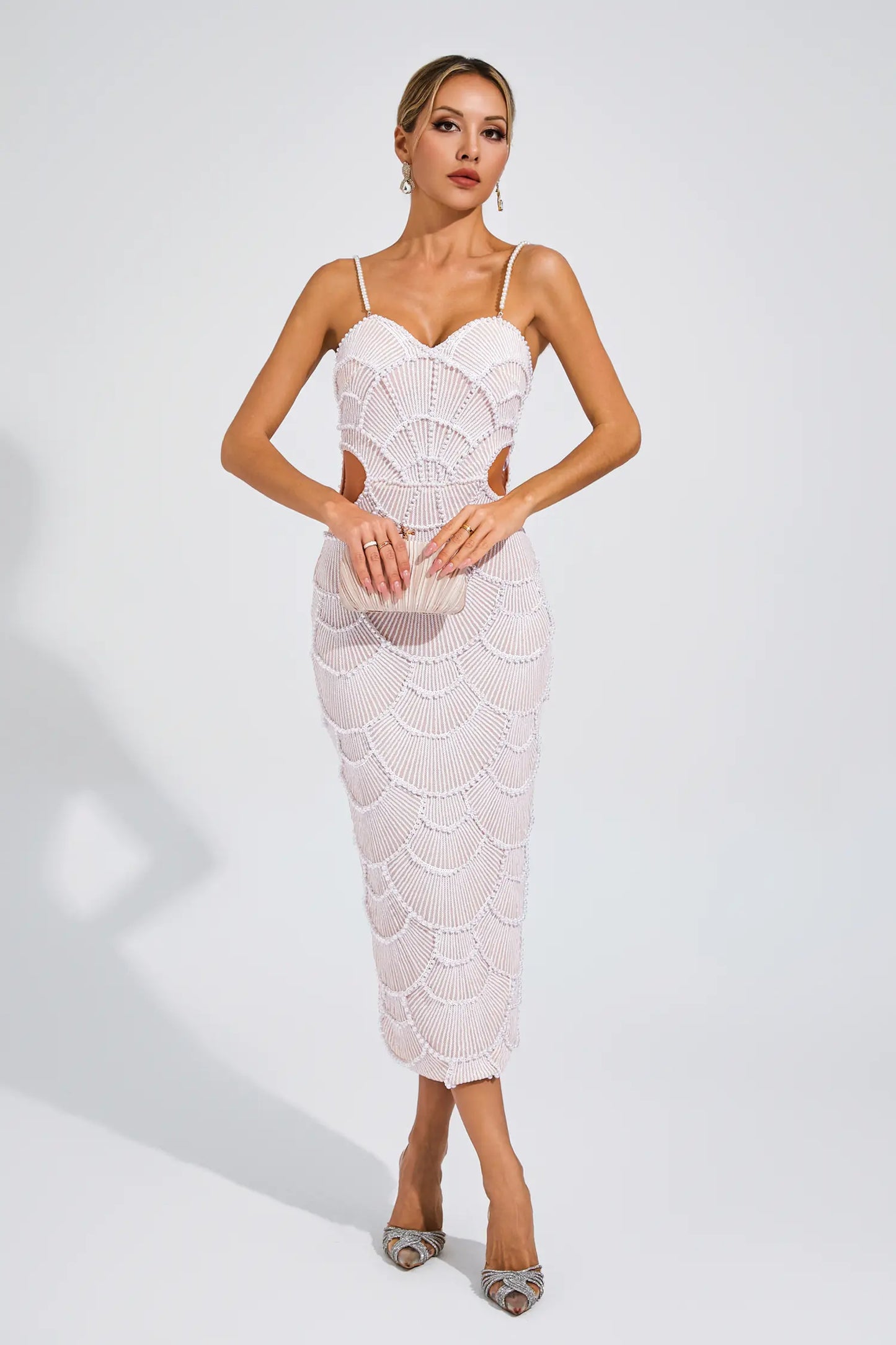 Bryce Beige Pearls Midi Slip Dress