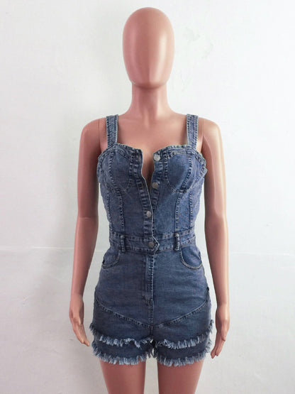 Deep V Neck Denim Romper For Women - Medium Blue Sexy Bodycon Frayed Hem Shorts Jumpsuit - Summer Music Festival Party 2026
