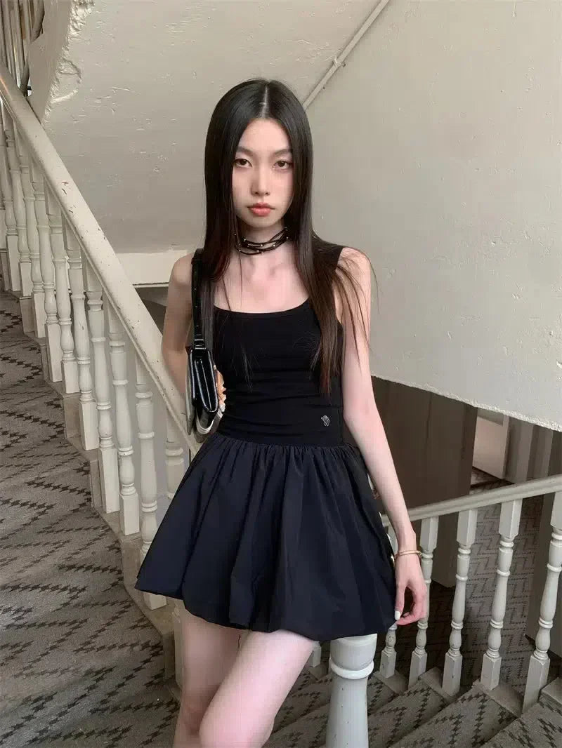 Ribbed Tank Top Bubble Hem Pleated Mini Skirt Set