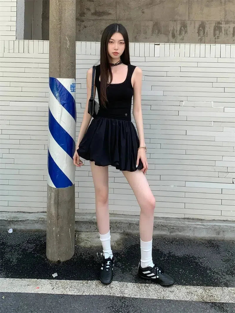 Ribbed Tank Top Bubble Hem Pleated Mini Skirt Set