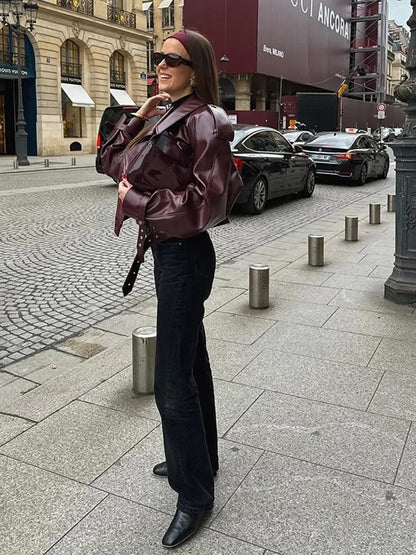 Burgundy Oversized Leather Jacket with Luxurious Shoulder Details