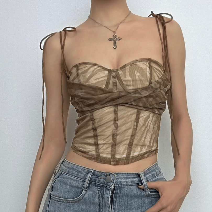 Bustier spaghetti strap zebra print mesh cami top