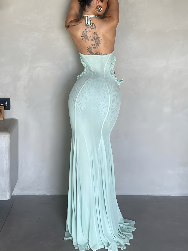 Butterfly Applique Halter Neck Side Cut Out Pleated Mermaid Maxi Dress