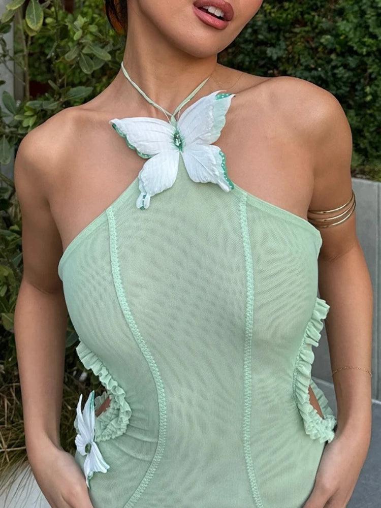 Butterfly Applique Halter Neck Side Cut Out Pleated Mermaid Maxi Dress