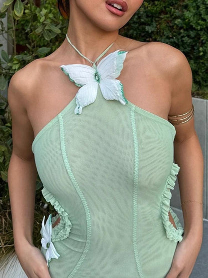 Butterfly Applique Halter Neck Side Cut Out Pleated Mermaid Maxi Dress