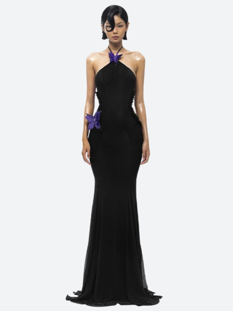 Butterfly Applique Halter Neck Side Cut Out Pleated Mermaid Maxi Dress