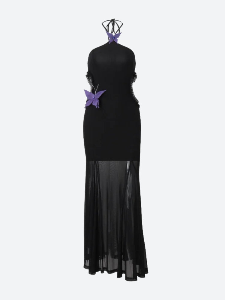 Butterfly Applique Halter Neck Side Cut Out Pleated Mermaid Maxi Dress