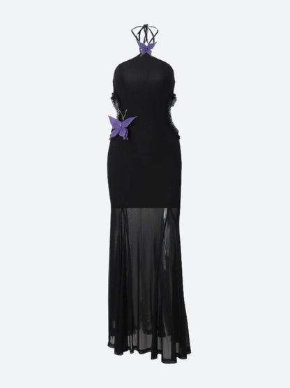 Butterfly Applique Halter Neck Side Cut Out Pleated Mermaid Maxi Dress