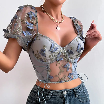 Butterfly Embroidery Mesh Splicing V Neck Slim See-through Crop Top
