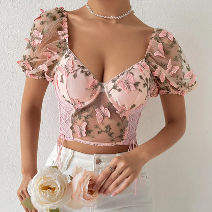 Butterfly Embroidery Mesh Splicing V Neck Slim See-through Crop Top