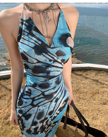 Butterfly Print Halter Bodycon Dress Sexy Summer Look