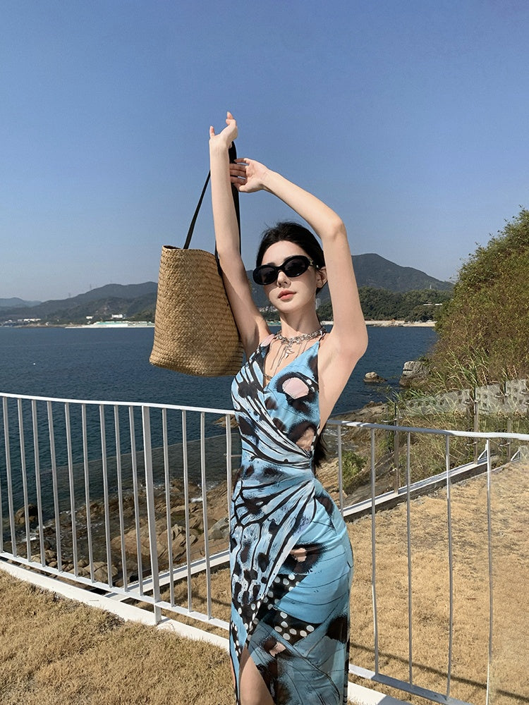 Butterfly Print Halter Bodycon Dress Sexy Summer Look