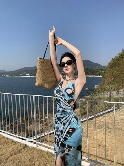 Butterfly Print Halter Bodycon Dress Sexy Summer Look