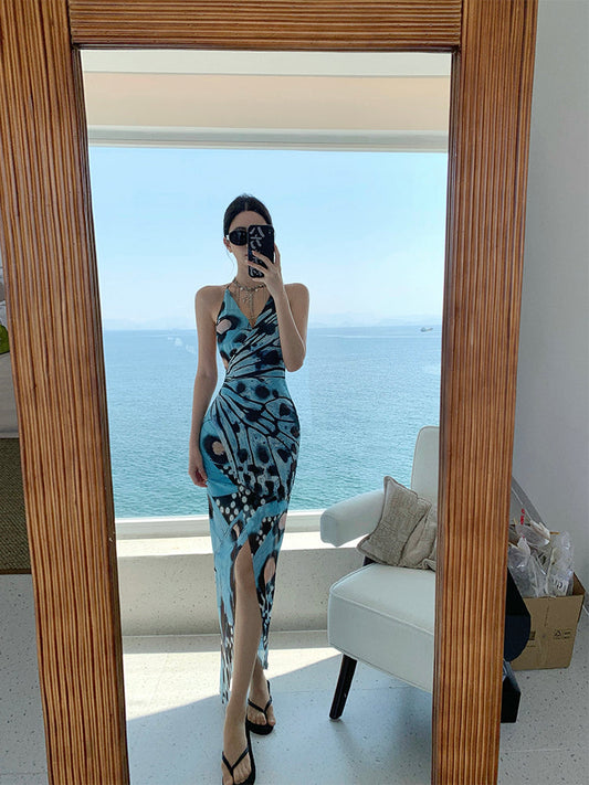 Butterfly Print Halter Bodycon Dress Sexy Summer Look